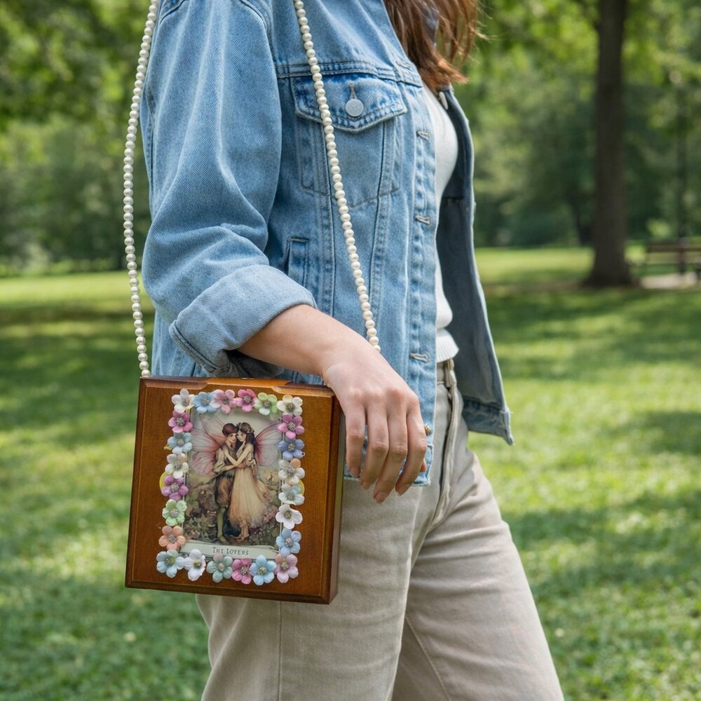 The Lovers - Tarot Card -  Cigar Box Purse w/Faux Pearl Strap - Boho Vibes